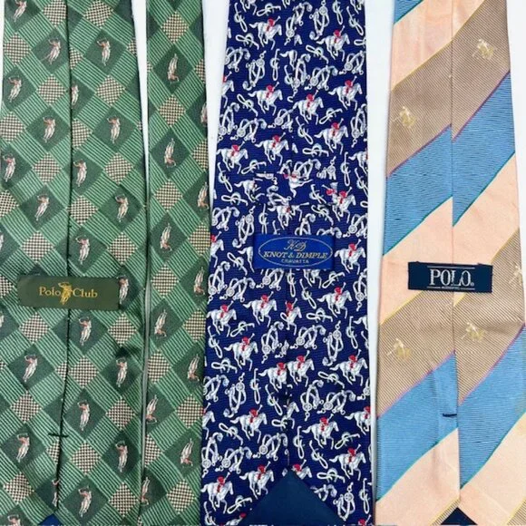 3 Neckties Polo Club 100% Silk green brown  blue pink striped Polo Horses  (67) - Picture 4 of 10